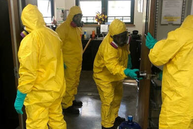 A Patriot Environmental Services team decontaminates a healthcare facility